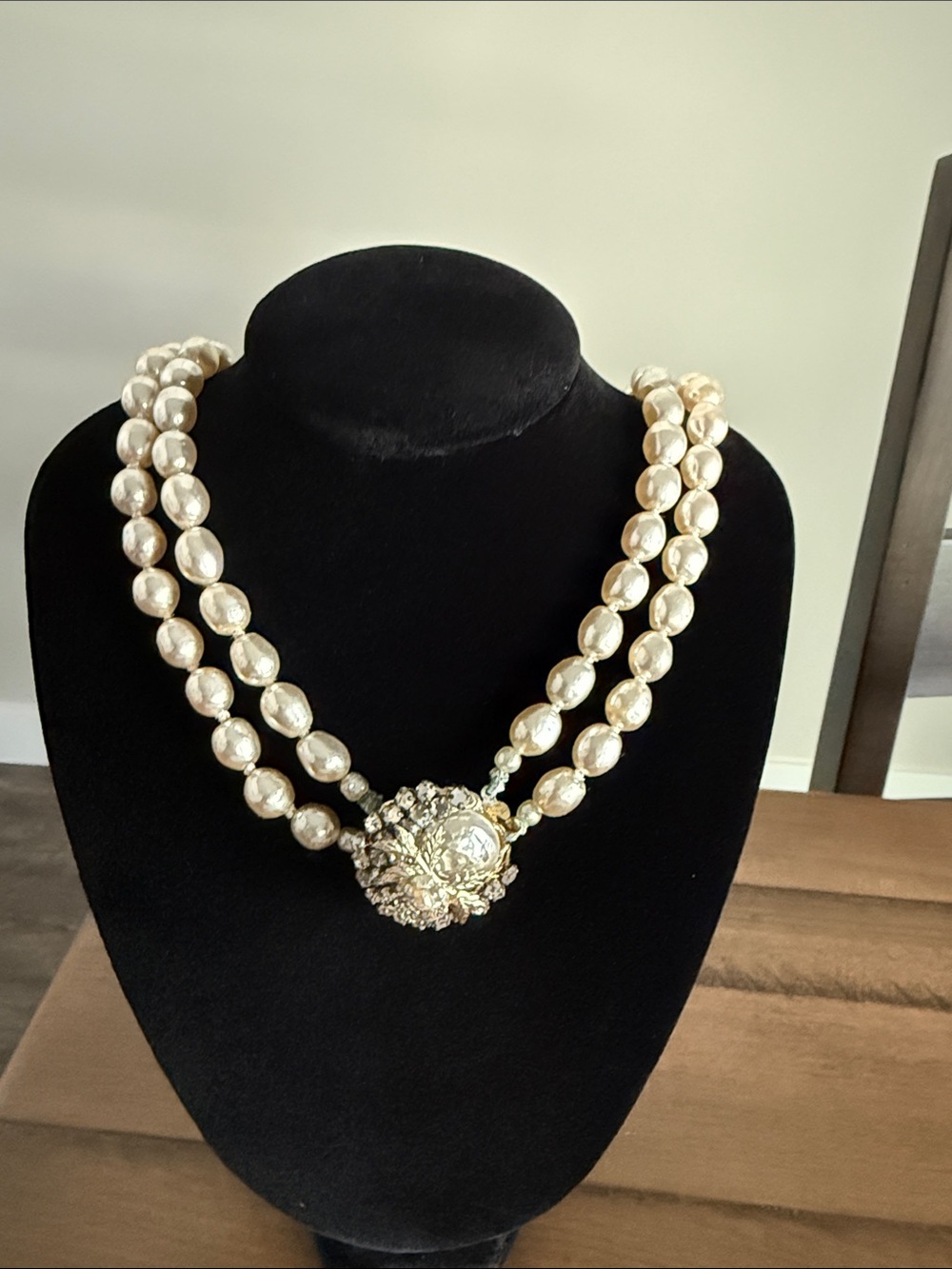 Pearl Double Strand Necklace with Gold Floral Clasp vintage